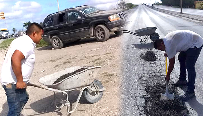 Riobravense tapa baches por el bien ciudadano